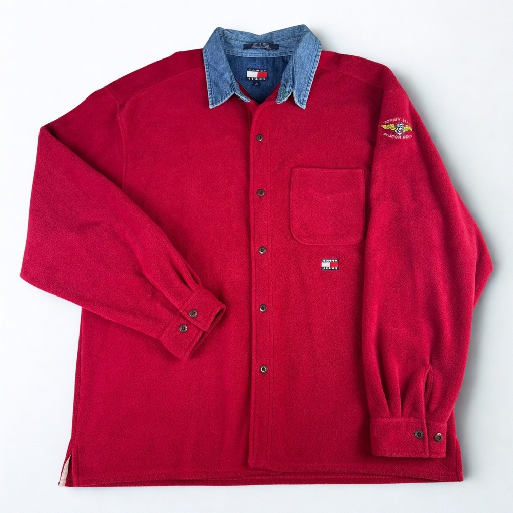 Vintage Tommy Jeans Fleece Shirt Mens L Red Denim Collar Aviator 90s Button